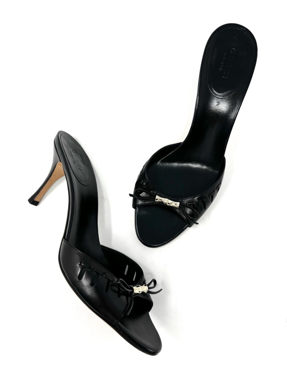 Vintage Gucci By Tom Ford Y2K Black Leather Bow Bamboo Sandals Slides Heels 7.5
